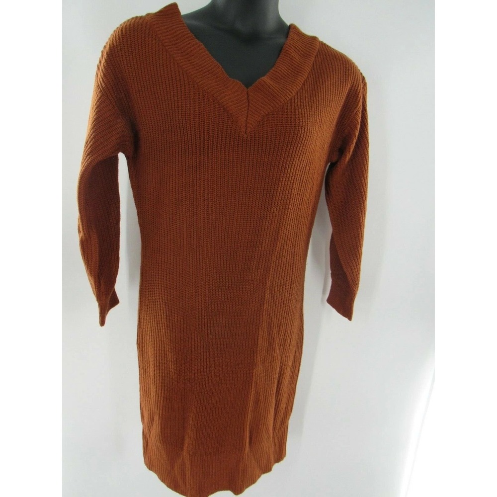 Full Circle Trends Women's Brown Knit V Neck Long Sleeve Sweater Dress 1X